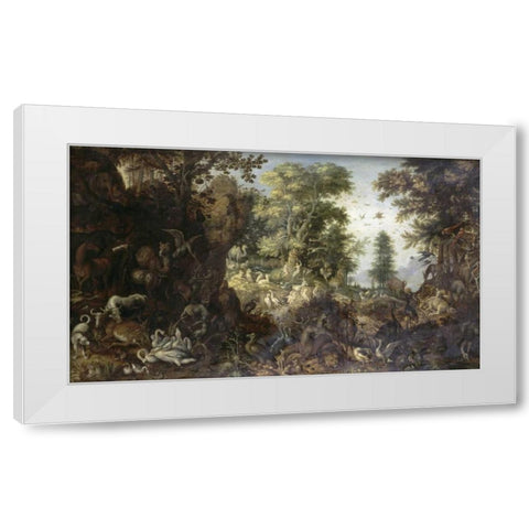 The Garden of Eden with Eve Tempting Adam White Modern Wood Framed Art Print by Savery, Roelandt