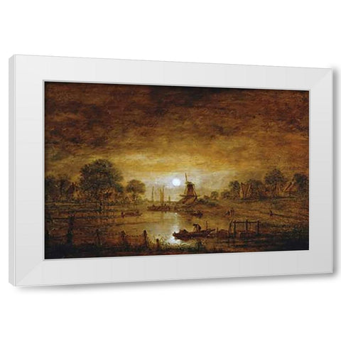 Title Unknown (Boats at Sunset with Windmill) White Modern Wood Framed Art Print by Van Der Neer, Aert