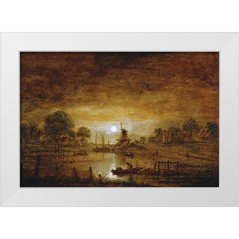 Title Unknown (Boats at Sunset with Windmill) White Modern Wood Framed Art Print by Van Der Neer, Aert