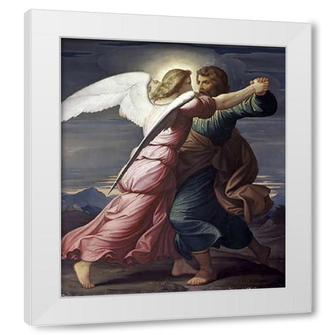 Jacob Wrestles with an Angel White Modern Wood Framed Art Print by Steinle, Edward Jakob