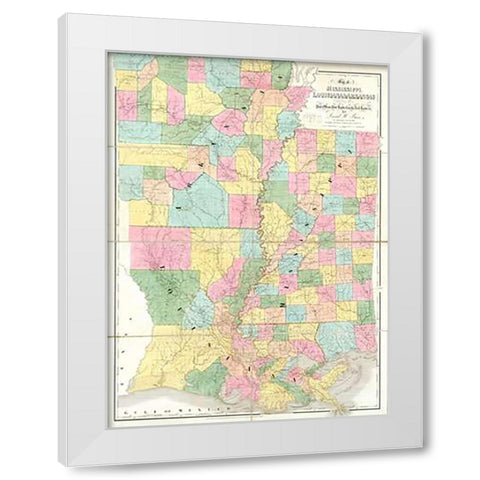 Map of Mississippi, Louisiana and Arkansas, 1839 White Modern Wood Framed Art Print by Burr, David