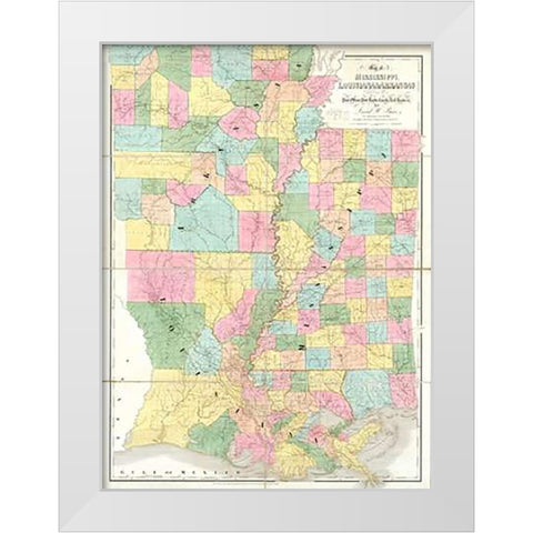 Map of Mississippi, Louisiana and Arkansas, 1839 White Modern Wood Framed Art Print by Burr, David