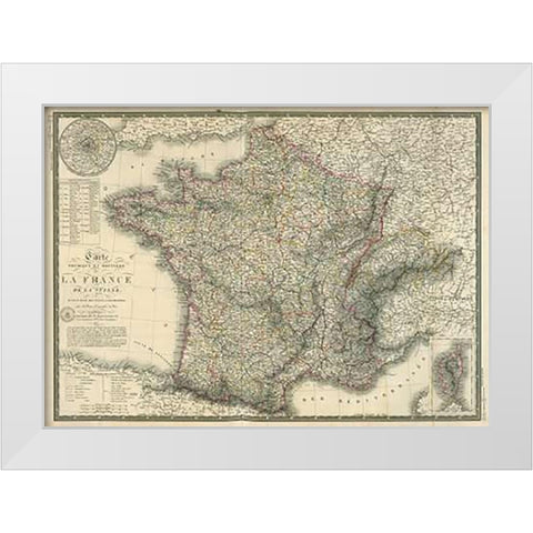 Carte physique et routiere de la France, de la Suisse, 1827 White Modern Wood Framed Art Print by Brue, Adrien Hubert