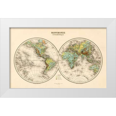 Mappe Monde, Hypsometrique, 1892 White Modern Wood Framed Art Print by Migeon, J.