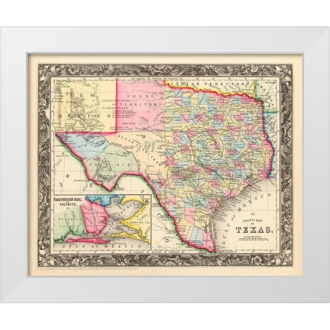 County Map Of Texas, 1860 White Modern Wood Framed Art Print by Mitchell, Samuel Augustus
