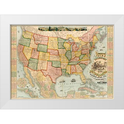American Union Railroad Map Of The United States, 1871 White Modern Wood Framed Art Print by Haasis and Lubrecht