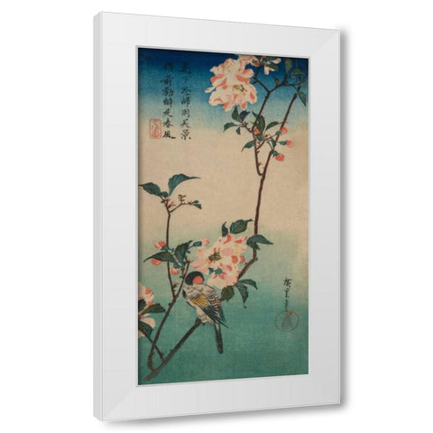 Small bird on a branch of Kaidozakura., 1834 White Modern Wood Framed Art Print by Hiroshige, Ando