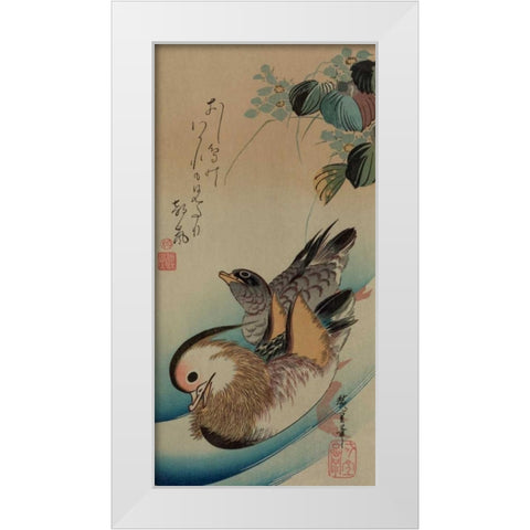 Mandarin ducks, 1840 White Modern Wood Framed Art Print by Hiroshige, Ando