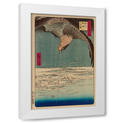 Hawk flying above a snowy landscape along the coastline., 1857 White Modern Wood Framed Art Print by Hiroshige, Ando