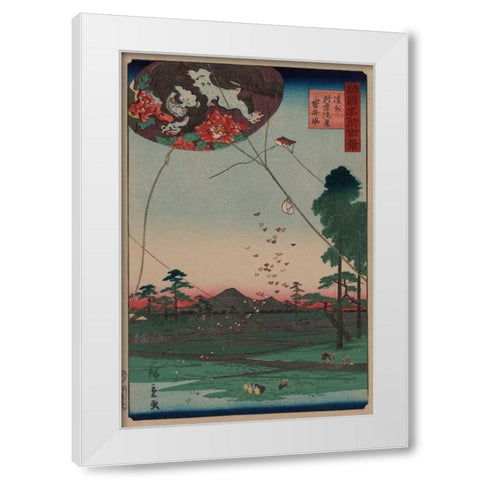 Distant view of Akiba of Enshu: kites of Fukuroi (Enshu akiba enkei fukuroi no tako), 1859 White Modern Wood Framed Art Print by Hiroshige, Utagawa