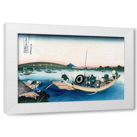 Sunset across Ryogoku Bridge from the Bank of the Sumida River at Onmayyagashi, 1830 White Modern Wood Framed Art Print by Hokusai