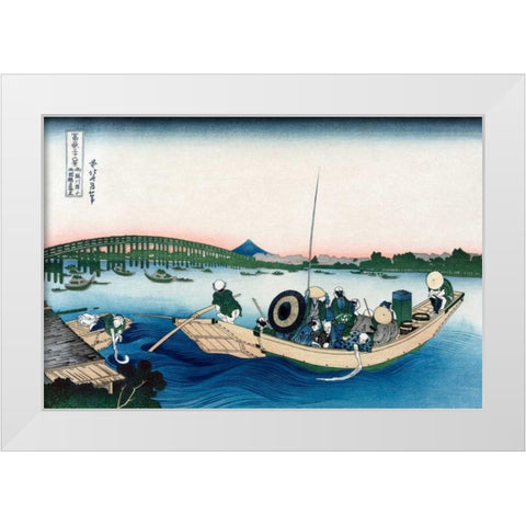 Sunset across Ryogoku Bridge from the Bank of the Sumida River at Onmayyagashi, 1830 White Modern Wood Framed Art Print by Hokusai