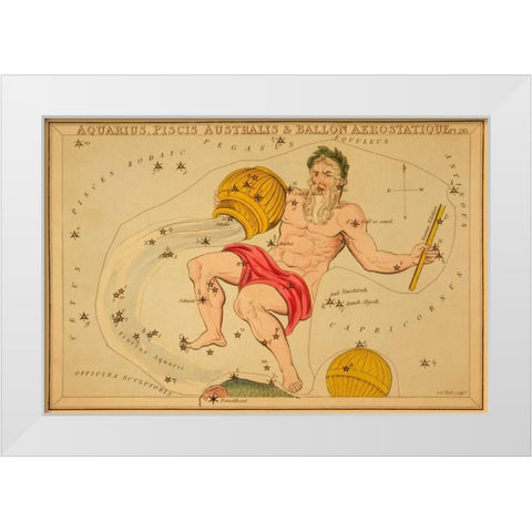 Aquarius, Piscis Australis and Ballon Aerostatique, 1825 White Modern Wood Framed Art Print by Aspin, Jehoshaphat