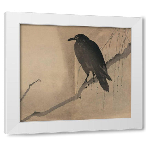 Crow on a willow branch, 1875 White Modern Wood Framed Art Print by Unknown