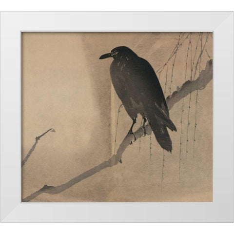 Crow on a willow branch, 1875 White Modern Wood Framed Art Print by Unknown
