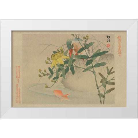 Kingfisher and Goldfish in Pond White Modern Wood Framed Art Print by Unknown