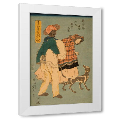 French girl taking walk with dog (Furansu komusume inu o hikite sampo no zu), 1860 White Modern Wood Framed Art Print by Utagawa, Sadahide