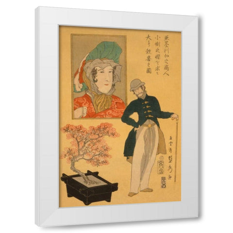 American merchant delighted with miniature cherry tree (Amerika no shonin shoju no sakura o motomete White Modern Wood Framed Art Print by Utagawa, Sadahide