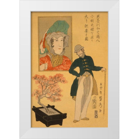 American merchant delighted with miniature cherry tree (Amerika no shonin shoju no sakura o motomete White Modern Wood Framed Art Print by Utagawa, Sadahide