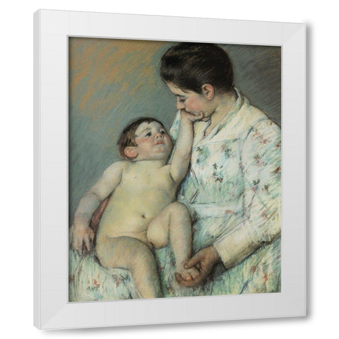 Babys First Caress 1891 White Modern Wood Framed Art Print by Cassatt, Mary