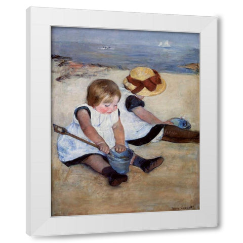 Children Playing On The Beach 1884 White Modern Wood Framed Art Print by Cassatt, Mary