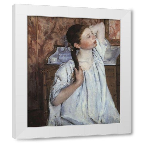 Girl Arranging Her Hair 1886 White Modern Wood Framed Art Print by Cassatt, Mary
