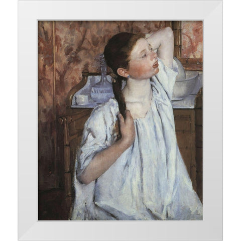 Girl Arranging Her Hair 1886 White Modern Wood Framed Art Print by Cassatt, Mary