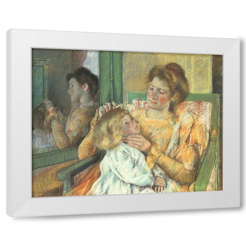 Mother Combing Her Childs Hair 1898 White Modern Wood Framed Art Print by Cassatt, Mary