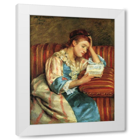 Mrs Duffee Seated On A Striped Sofa 1876 White Modern Wood Framed Art Print by Cassatt, Mary