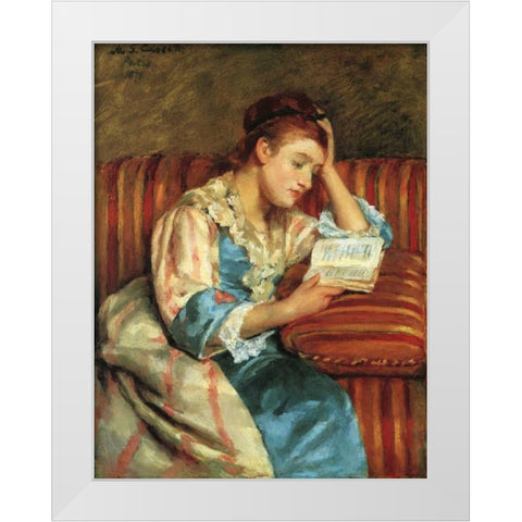 Mrs Duffee Seated On A Striped Sofa 1876 White Modern Wood Framed Art Print by Cassatt, Mary