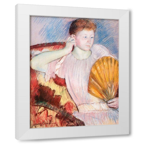 Portrait Of A Woman With A Fan White Modern Wood Framed Art Print by Cassatt, Mary