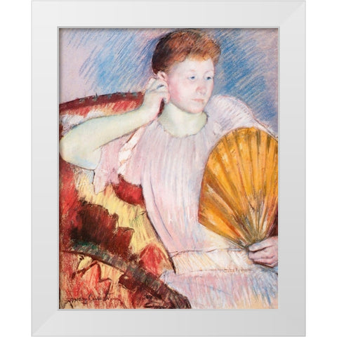 Portrait Of A Woman With A Fan White Modern Wood Framed Art Print by Cassatt, Mary