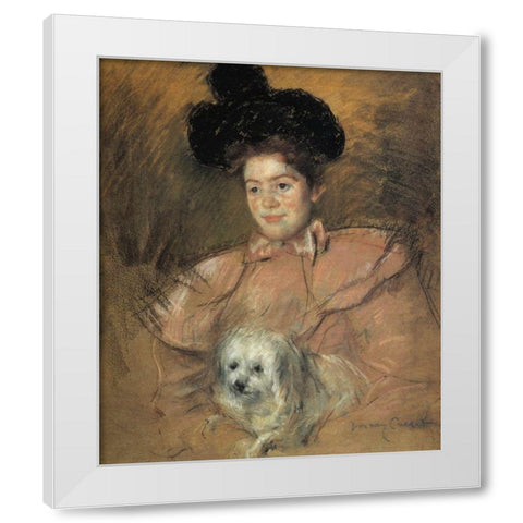 Woman In Raspberry Costume Holding A Dog 1901 White Modern Wood Framed Art Print by Cassatt, Mary