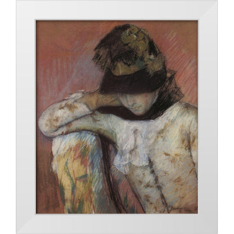 Young Woman In A Black And Green Bonnet Looking Down 1890 White Modern Wood Framed Art Print by Cassatt, Mary