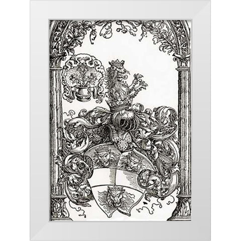 Coat Of Arms With Three Lions Heads White Modern Wood Framed Art Print by Durer, Albrecht