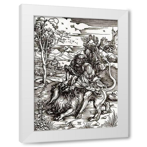 Samson Killing The Lion White Modern Wood Framed Art Print by Durer, Albrecht