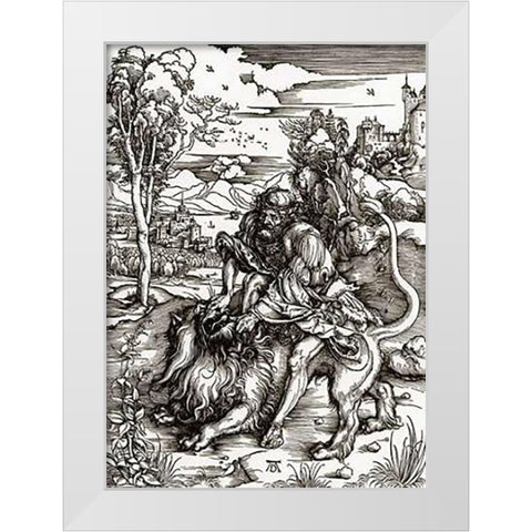 Samson Killing The Lion White Modern Wood Framed Art Print by Durer, Albrecht