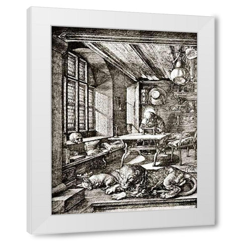 St Jerome In His Cell 2 White Modern Wood Framed Art Print by Durer, Albrecht
