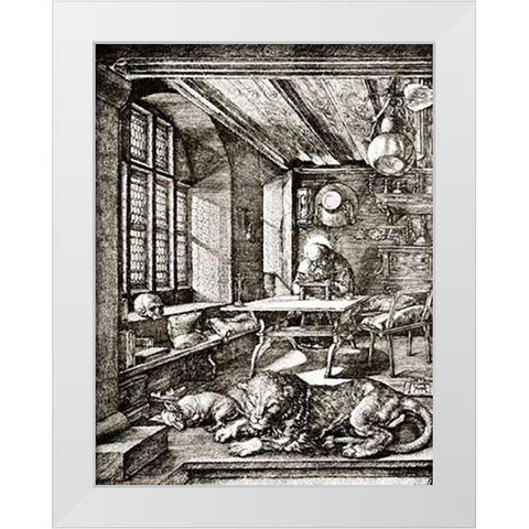 St Jerome In His Cell 2 White Modern Wood Framed Art Print by Durer, Albrecht