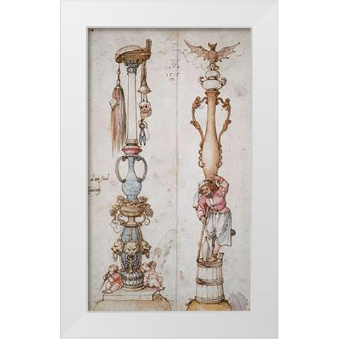 Two Emblematical Designs For Columns White Modern Wood Framed Art Print by Durer, Albrecht