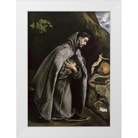 Saint Francis Meditating White Modern Wood Framed Art Print by Greco, El