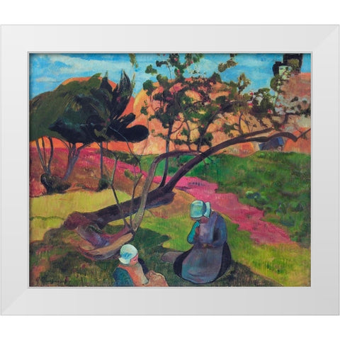 Landscape With Two Breton Women White Modern Wood Framed Art Print by Gauguin, Paul