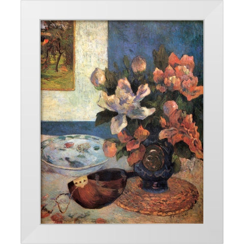 Still Life With Peonies And Mandolin White Modern Wood Framed Art Print by Gauguin, Paul