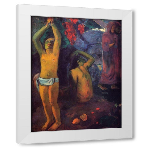Tahitian Man With His Arms Raised White Modern Wood Framed Art Print by Gauguin, Paul