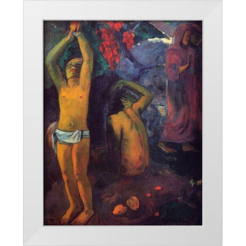 Tahitian Man With His Arms Raised White Modern Wood Framed Art Print by Gauguin, Paul
