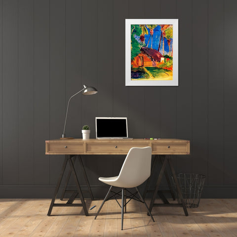 Thatched Hut Under Palm Trees White Modern Wood Framed Art Print by Gauguin, Paul