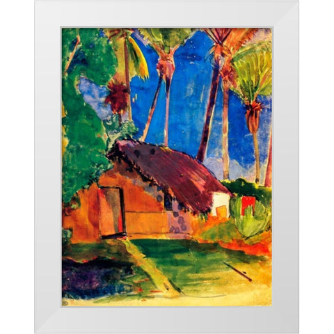 Thatched Hut Under Palm Trees White Modern Wood Framed Art Print by Gauguin, Paul