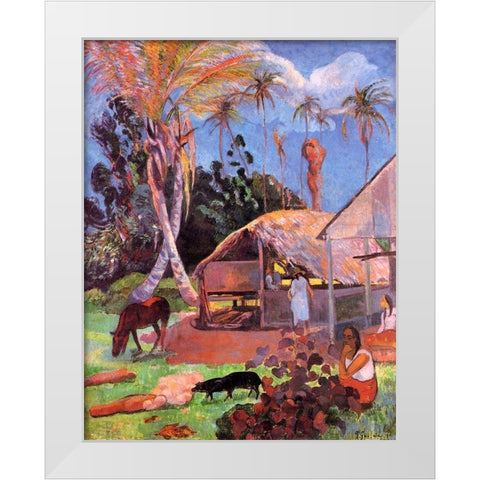 The Black Pigs White Modern Wood Framed Art Print by Gauguin, Paul