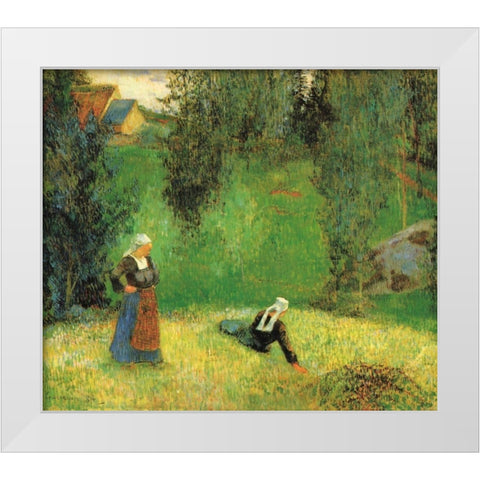The First Flowers White Modern Wood Framed Art Print by Gauguin, Paul
