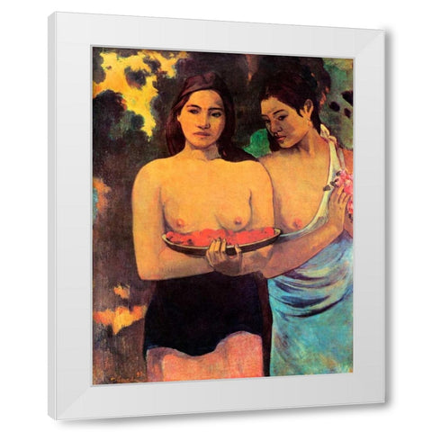 Two Tahitian Women With Mangoes White Modern Wood Framed Art Print by Gauguin, Paul